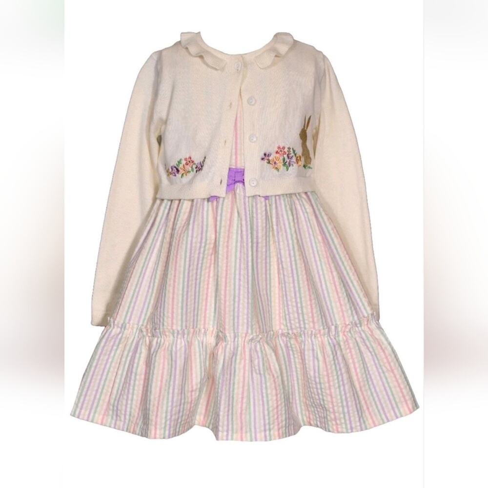 NEW Bonnie Jean Girls Size 18M "IVORY PASTEL BUNNY" Easter Dress Cardigan Set